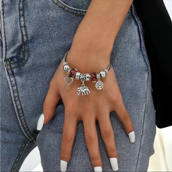 Boho Silver and Red Bangle Charm Bracelet - Picture 4 of 6
